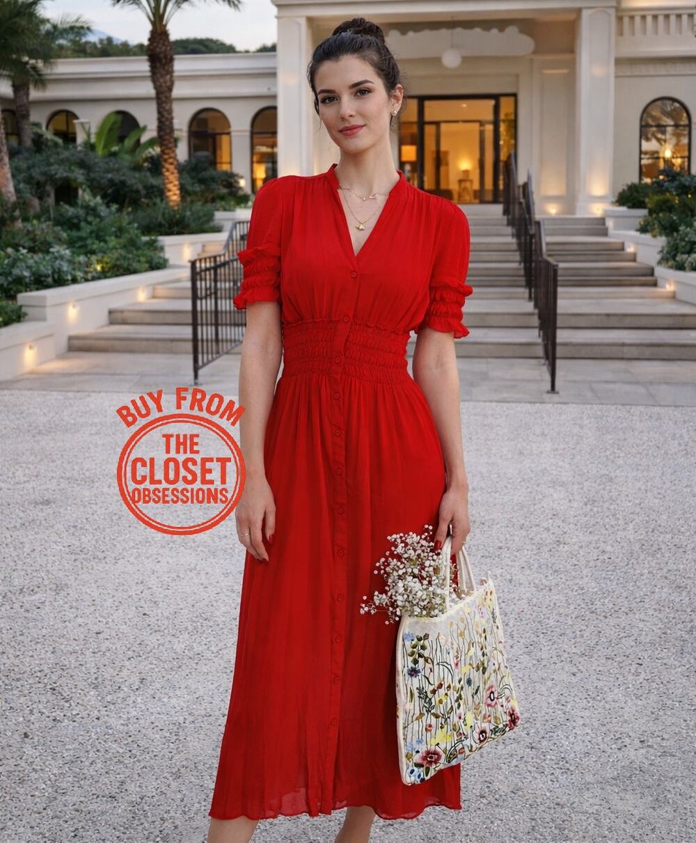 ZARA Red Flowy Midi Dress NWT Smocked Waist V Neck Puff Sleeve Size S M